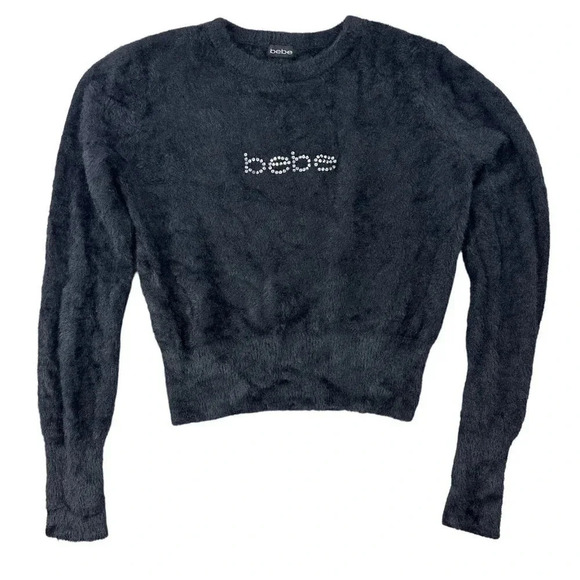 Y2K bebe Fuzzy Sweater womens size Medium Large Jet Black Semi Crop 90s - Picture 9 of 16